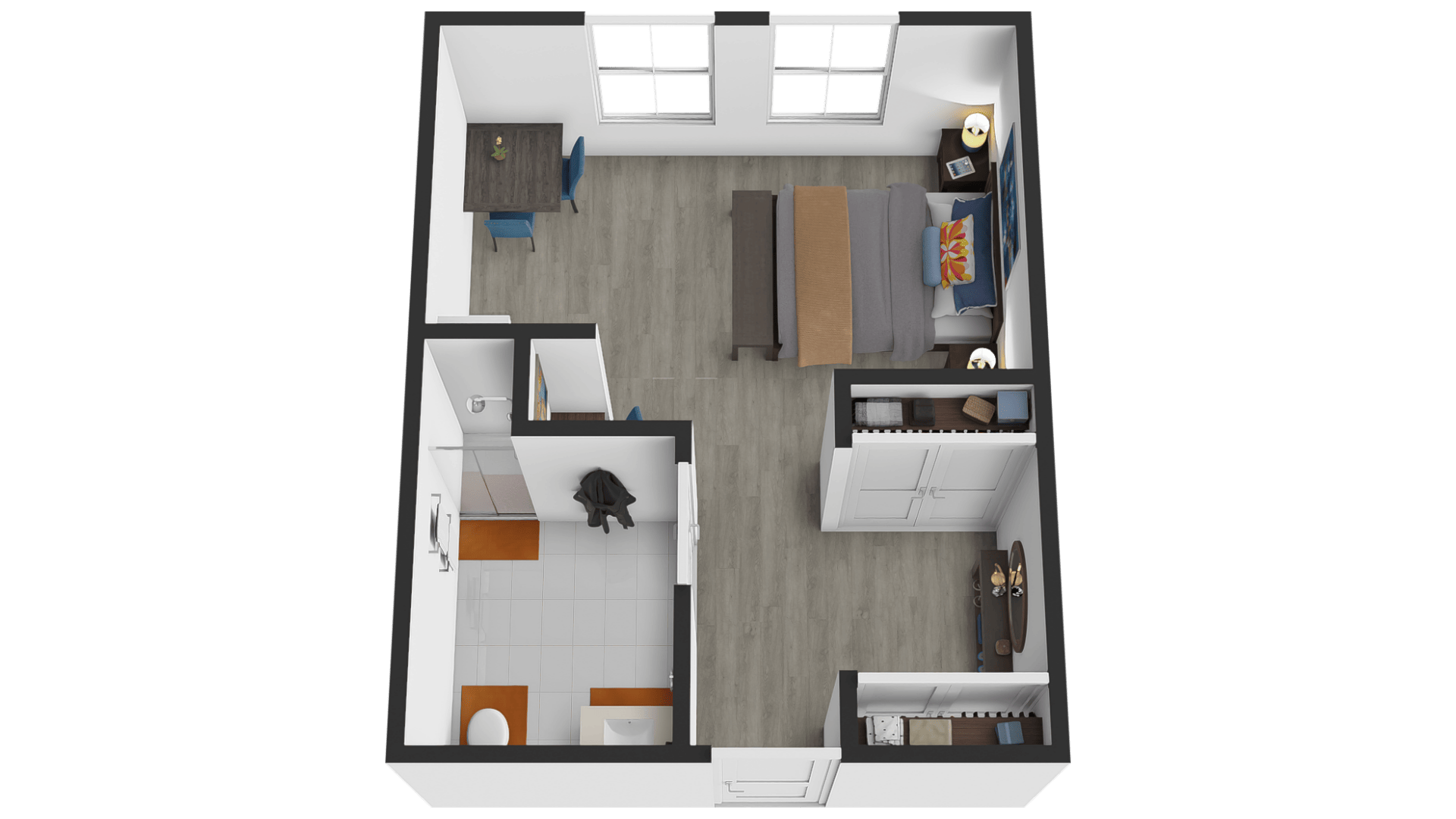 Memory care studio floor plan, approximately 368 square feet