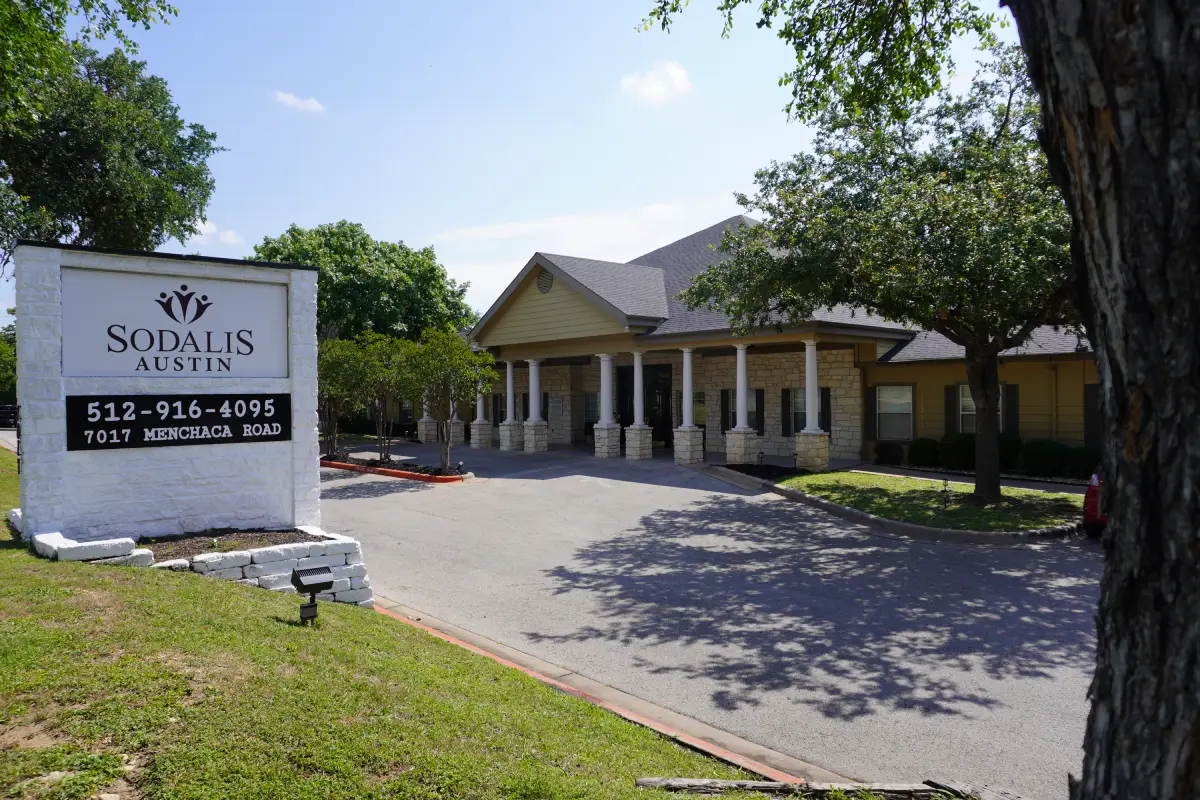 The entrance and covered drive at Sodalis Austin on Menchaca Road
