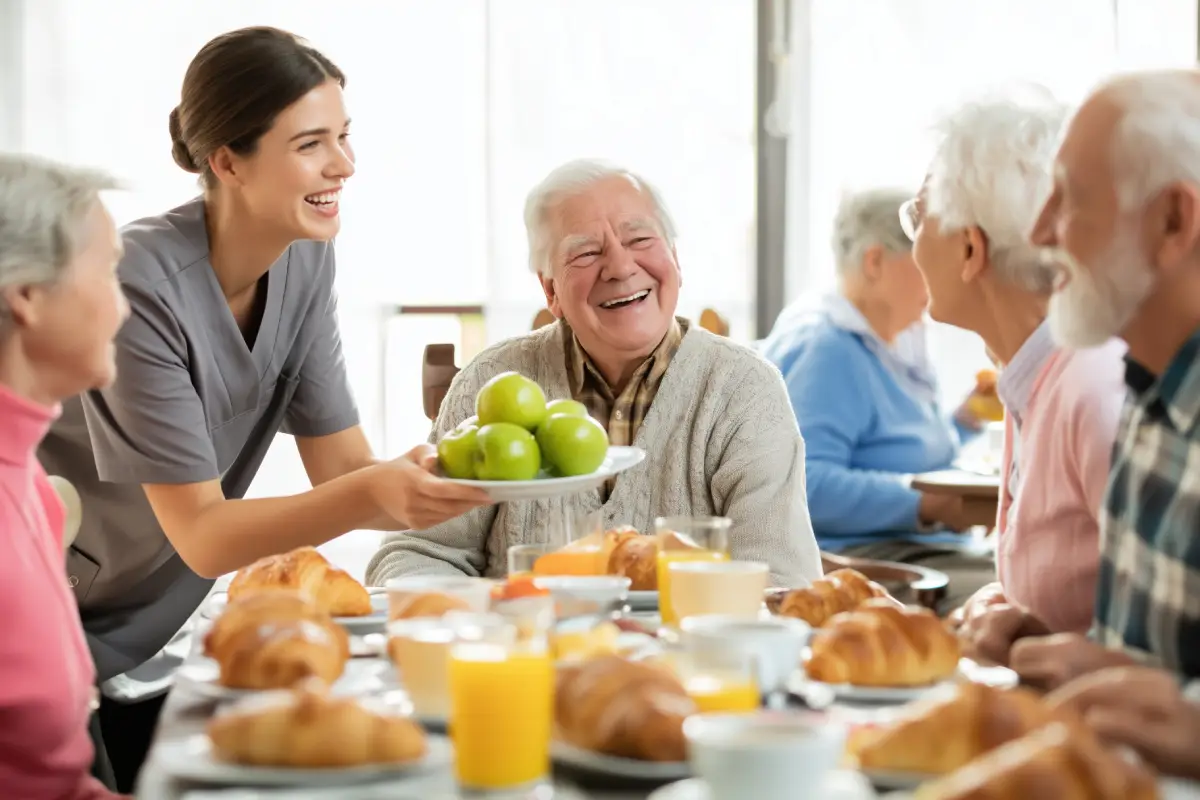 Residents sharing a meal at a table in the dining room
